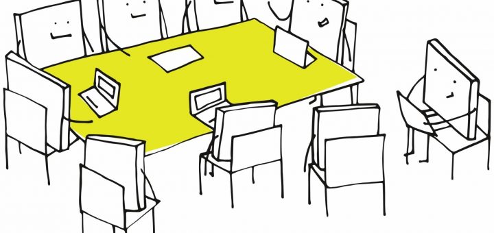 Abstrakte Zeichnung eines Konferenztisches mit mehreren Teilnehmern